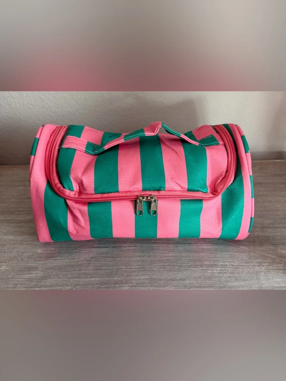 Bubblegum Pink & Green Striped Canvas Large Zip Handle Cosmetic Bag Tote Pockets